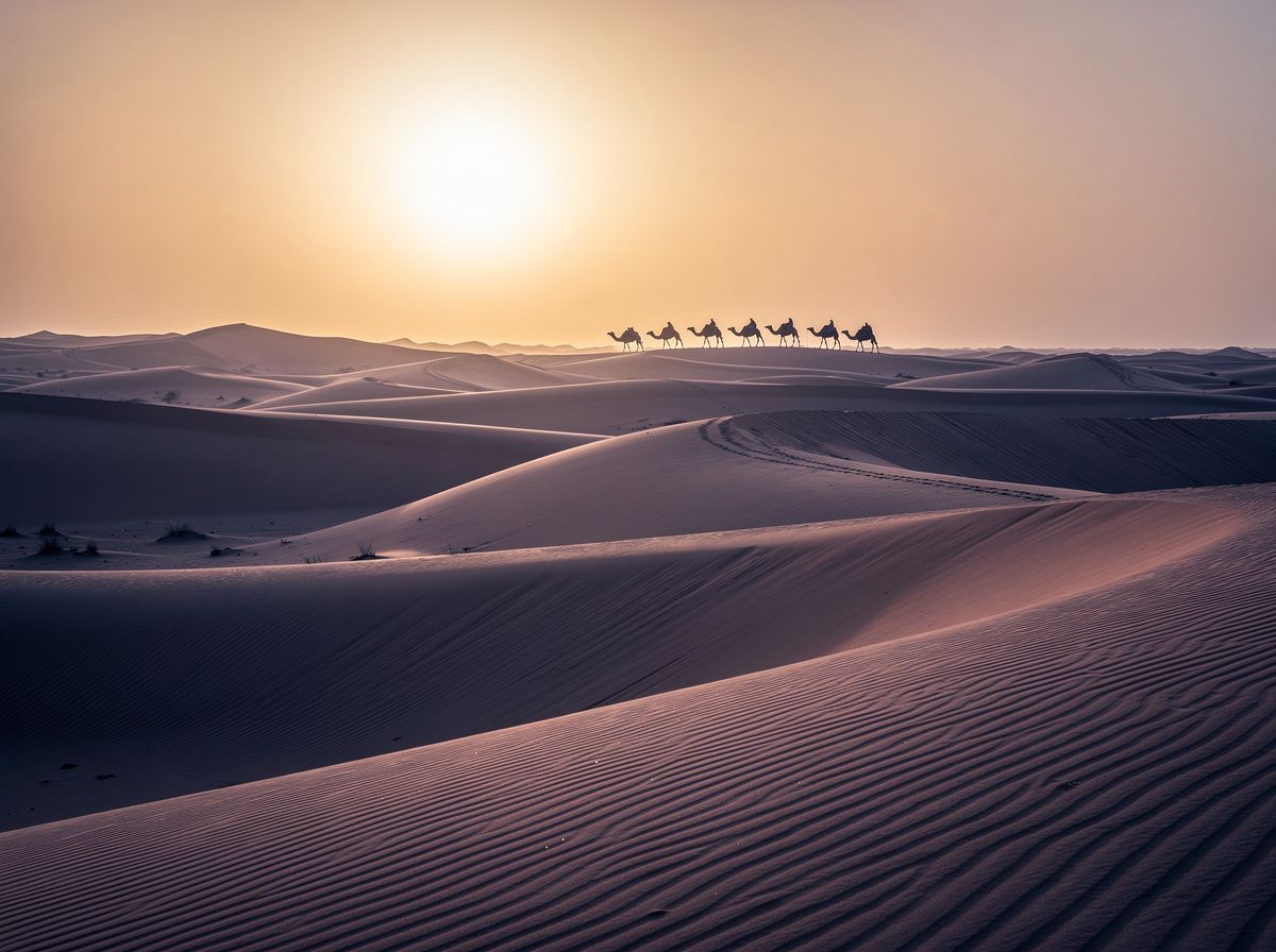كثبان رملية عند الشروق تسير على أفقها قافلة من الإبل